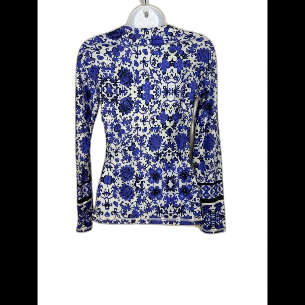 Nanette Lepore Blue Floral Long Sleeve Quarter Zip Rash Guard Swim Top sz M